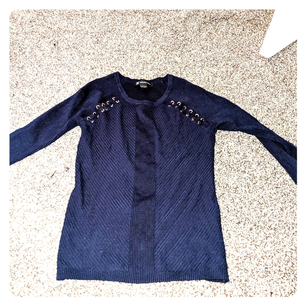 Blue sweater with gold lace up accents